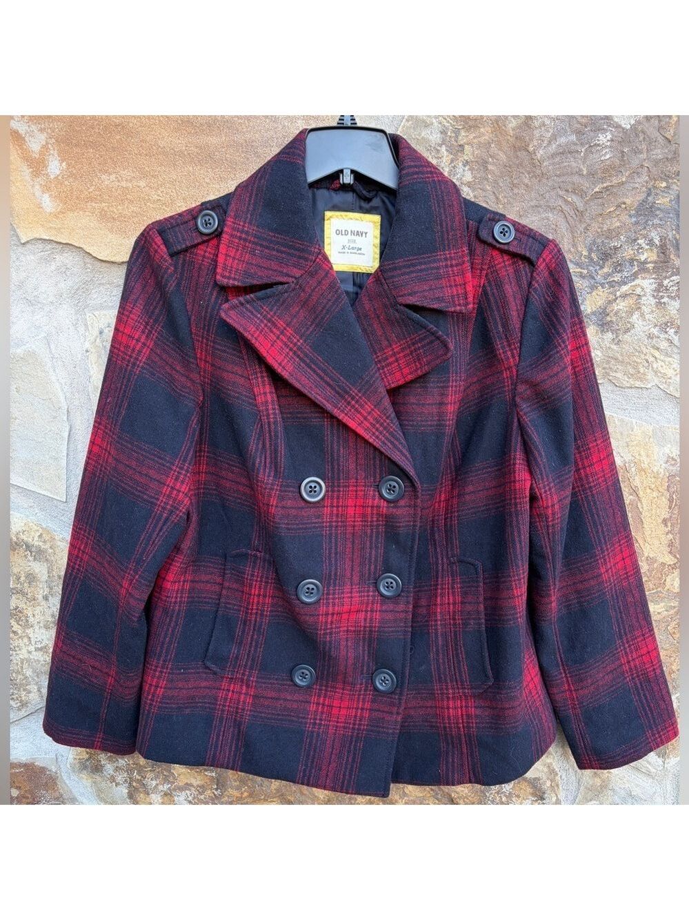 Vintage Y2K Old Navy Buffalo Plaid Double-Breasted Cropped Pea Coat Fall XL